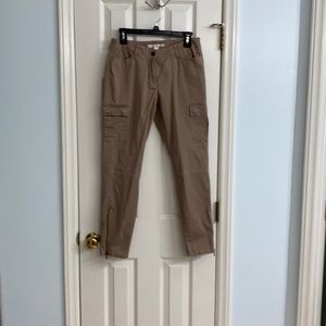Tan Cargo Pants with Mid to Low rise Waistline and Zippered Slim Legs